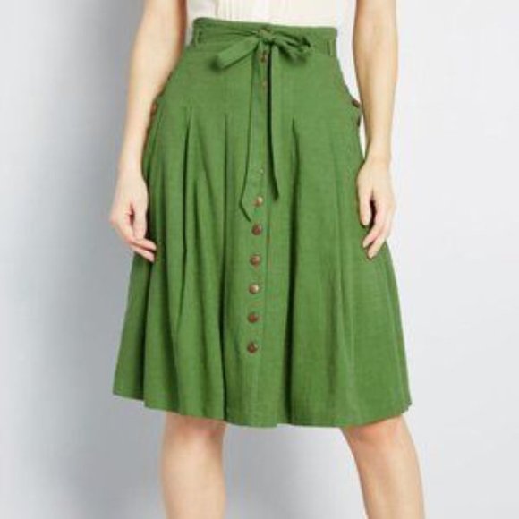 Modcloth Dresses & Skirts - Modcloth Olive Green  Pleated Midi Skirt Linen Rayon 20